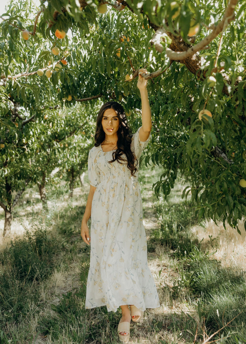 Indie modest midi dress in dewlight garden-NEW – JanieLanie