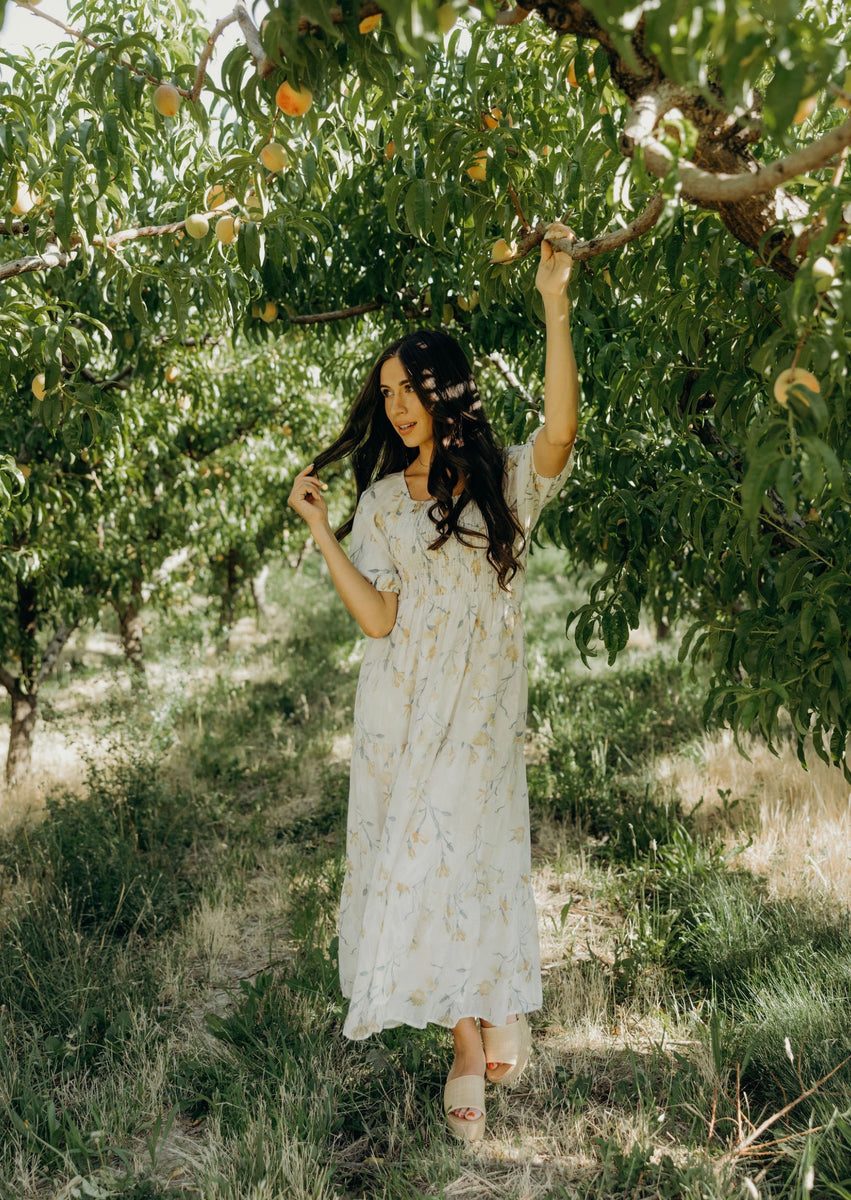 Indie modest midi dress in dewlight garden-NEW – JanieLanie