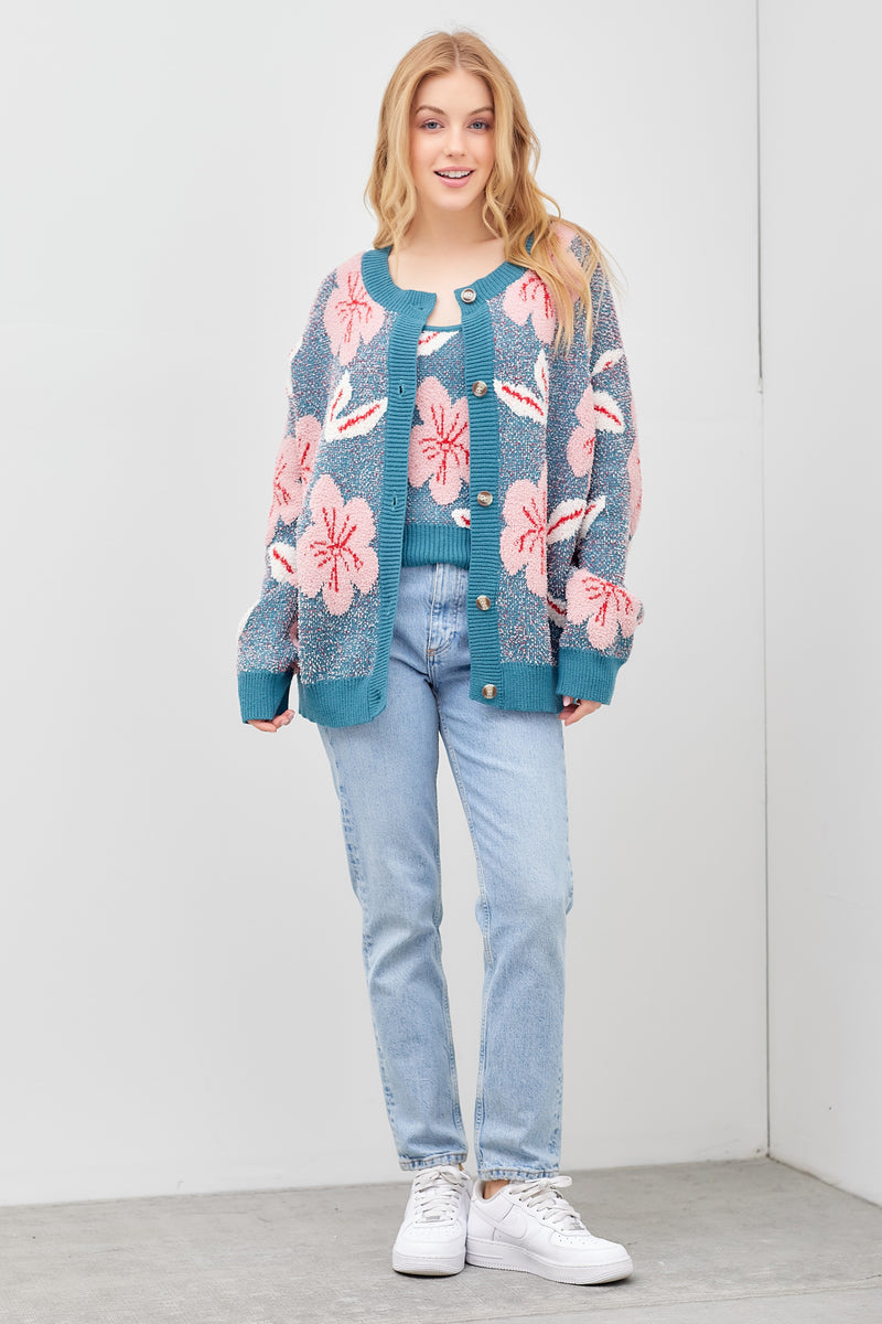 Dark teal floral button up sweater