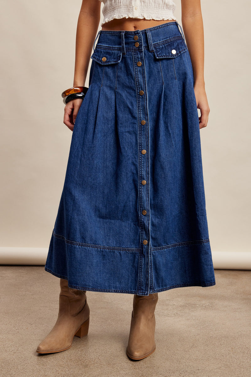 Button front pleated denim maxi skirt – JanieLanie