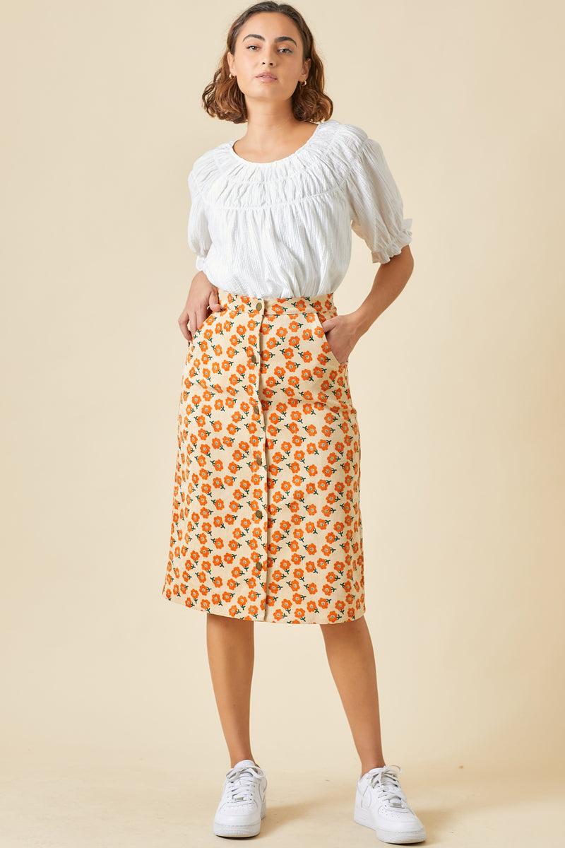 Orange floral corduroy skirt final sale JanieLanie