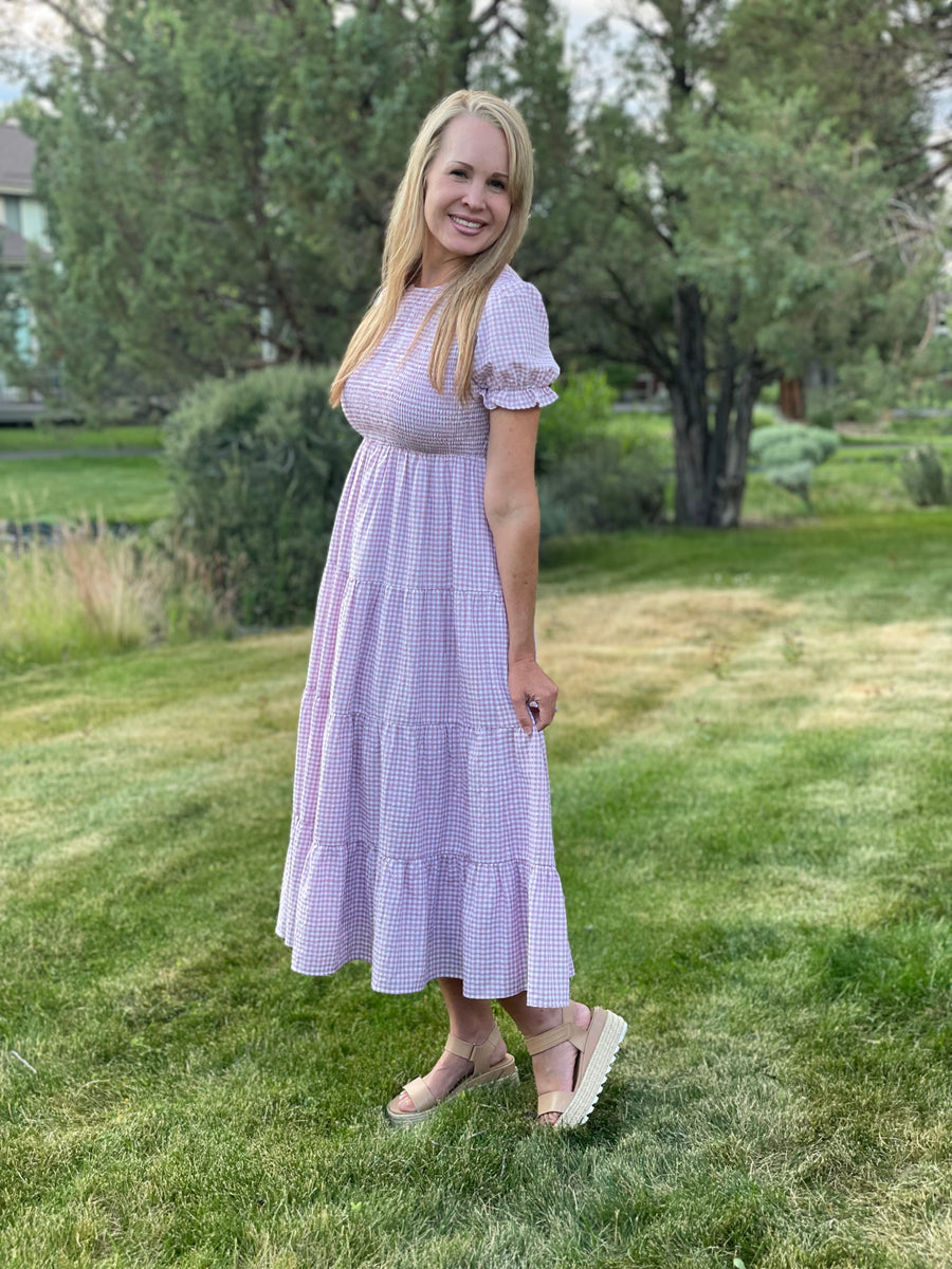 purple gingham dress Alex modest midi in dusty lilac – JanieLanie Billowy long sleeves add a touch of drama Purple Gingham Spaghetti Strap Swing