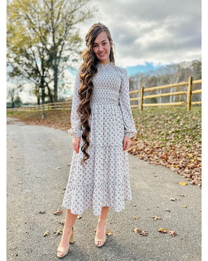 knee length dresses for ladies Lanie modest midi dress in cream-Exclusive – JanieLanie