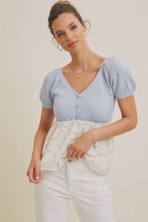 Babydoll floral sweater top in light blue-NEW