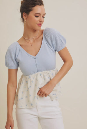 Babydoll floral sweater top in light blue-NEW