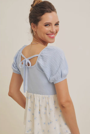 Babydoll floral sweater top in light blue-NEW
