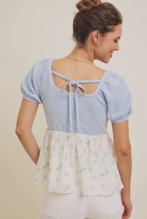 Babydoll floral sweater top in light blue-NEW