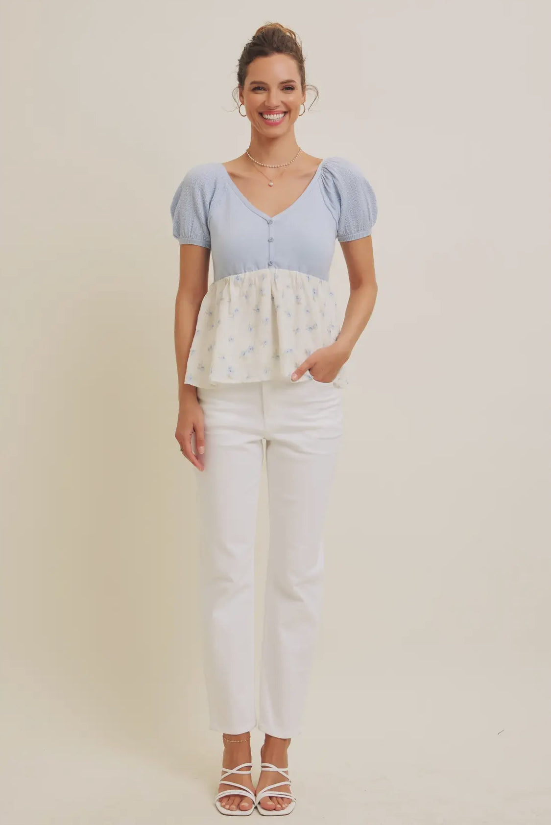 Babydoll floral sweater top in light blue-NEW