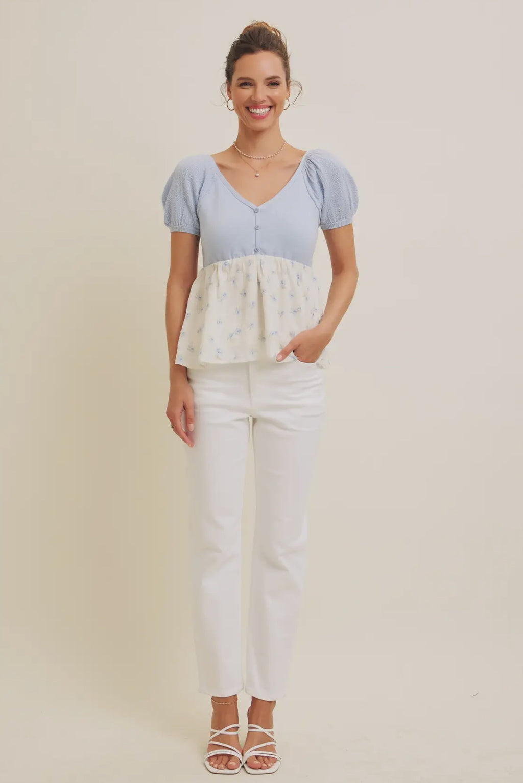 Babydoll floral sweater top in light blue-NEW