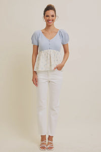 Babydoll floral sweater top in light blue-NEW