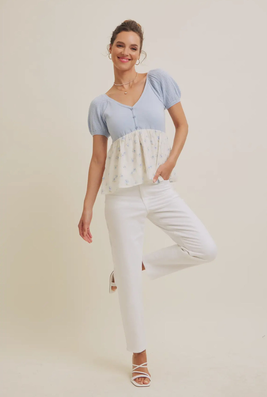 Babydoll floral sweater top in light blue-NEW