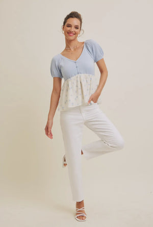 Babydoll floral sweater top in light blue-NEW