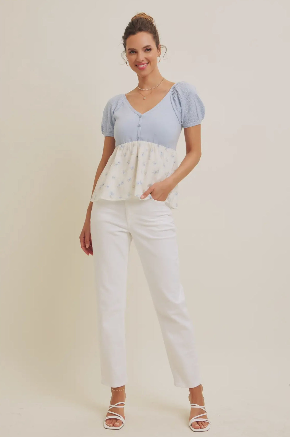 Babydoll floral sweater top in light blue-NEW