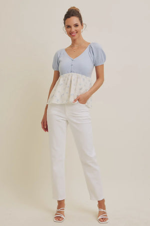 Babydoll floral sweater top in light blue-NEW