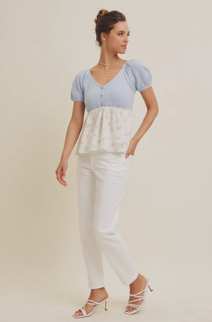 Babydoll floral sweater top in light blue-NEW