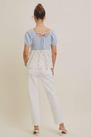 Babydoll floral sweater top in light blue-NEW