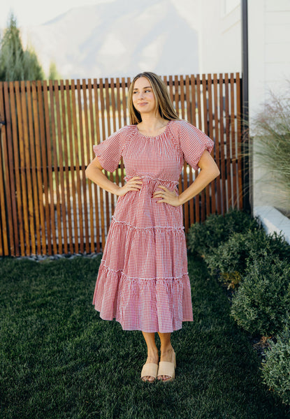 Serena modest midi dress in red gingham JanieLanie Serena modest midi dress in red gingham JanieLanie