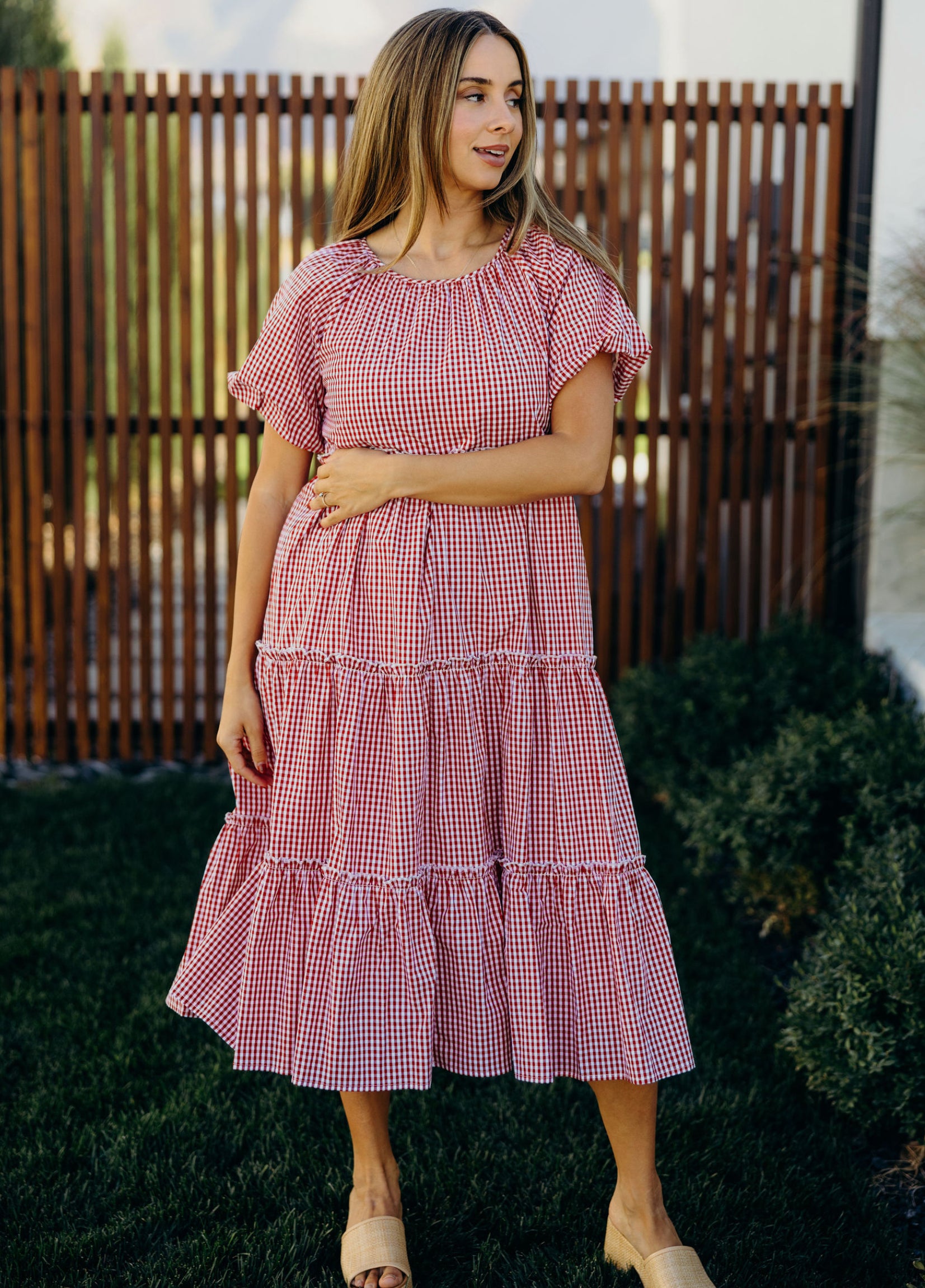 Serena modest midi dress in red gingham – JanieLanie