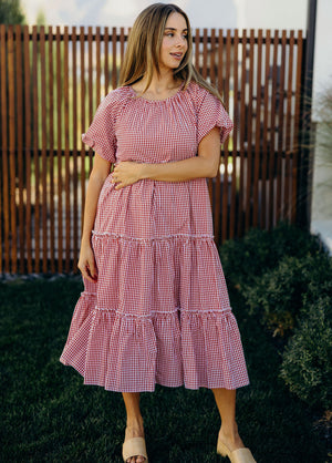 Serena modest midi dress in red gingham JanieLanie Serena modest midi dress in red gingham JanieLanie