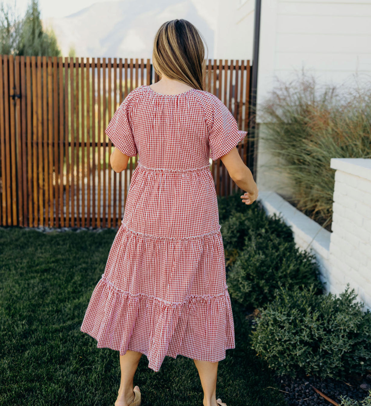Serena modest midi dress in red gingham – JanieLanie