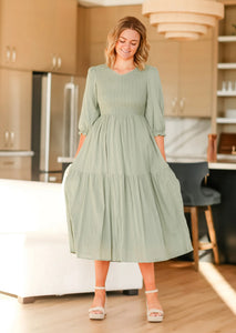 modest midi dresses formal Dusty Pink Silk Midi Dress, Bow Tie Neck, Long Sleeve Modest Dress