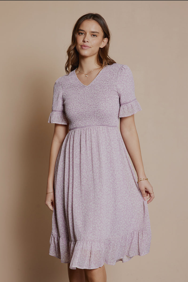 beautiful modest midi dress in lavender floral. – JanieLanie