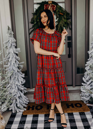 christmas church dress Serena modest midi dress in cranberry plaid-final sale – JanieLanie