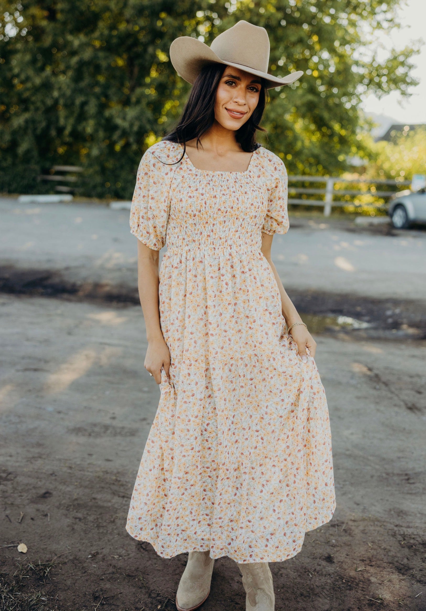 Indie modest midi dress in maple bloom-NEW – JanieLanie