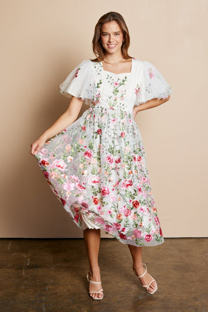 white embroidered floral dress Aubrey modest midi dress-final sale – JanieLanie