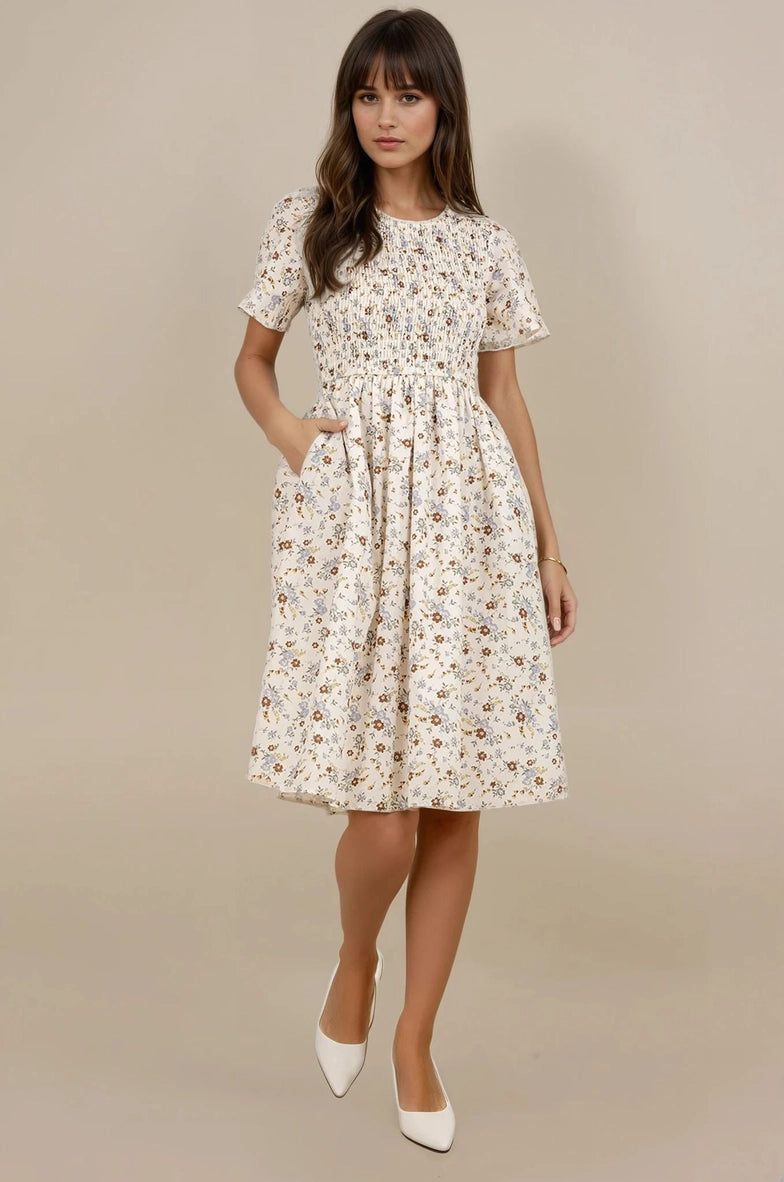 Katie modest midi dress in cream floral – JanieLanie