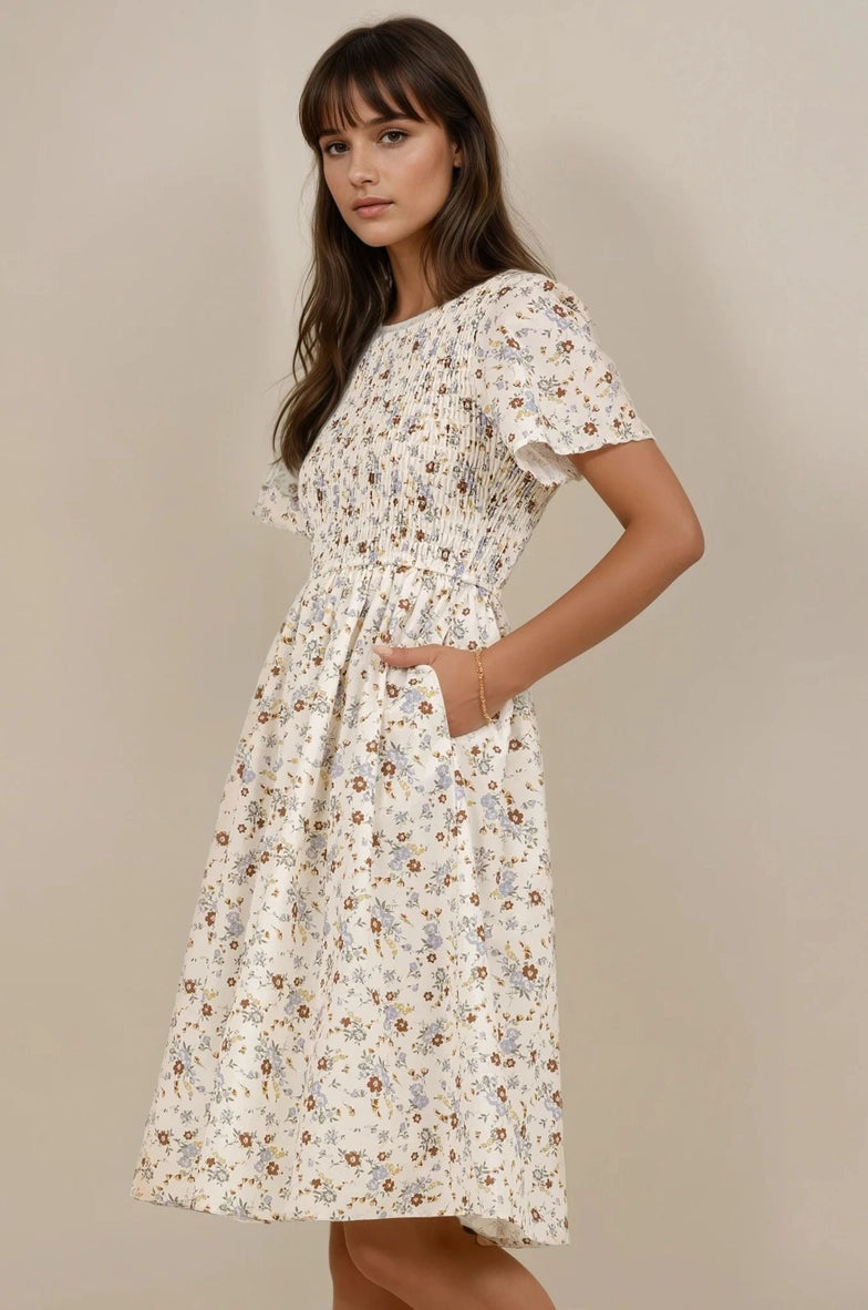 white christmas dresses Katie modest midi dress in cream floral – JanieLanie