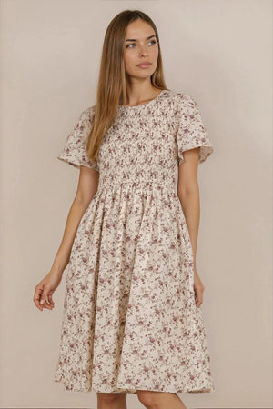 Katie modest midi dress in cream purple – JanieLanie