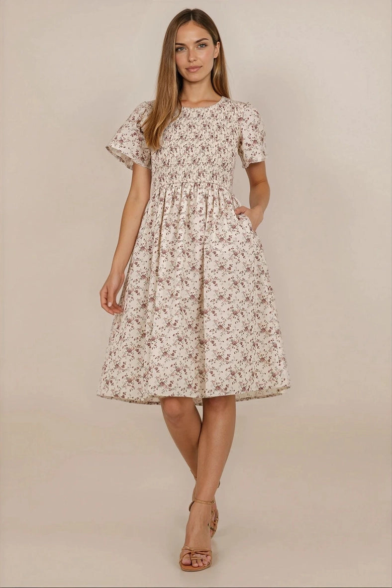 Katie modest midi dress in cream purple JanieLanie Katie modest midi dress in cream purple JanieLanie