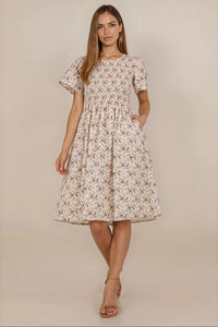 Katie modest midi dress in cream purple – JanieLanie