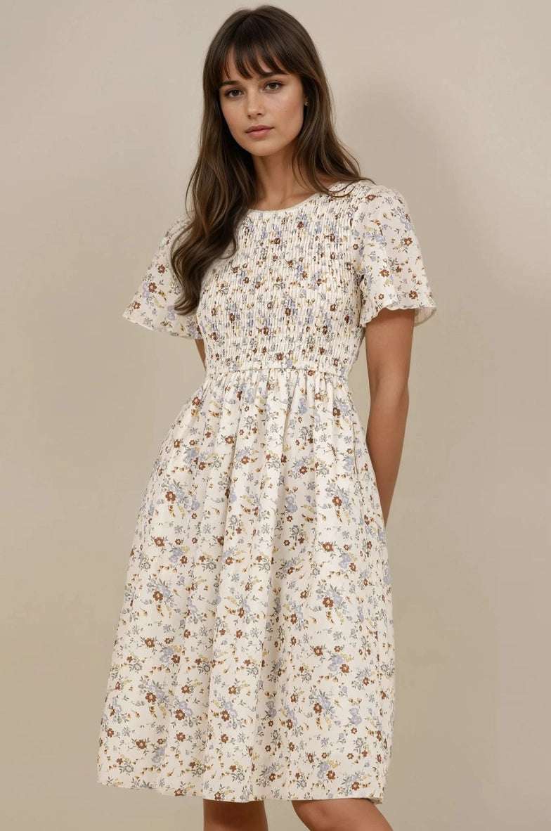 Katie modest midi dress in cream floral – JanieLanie