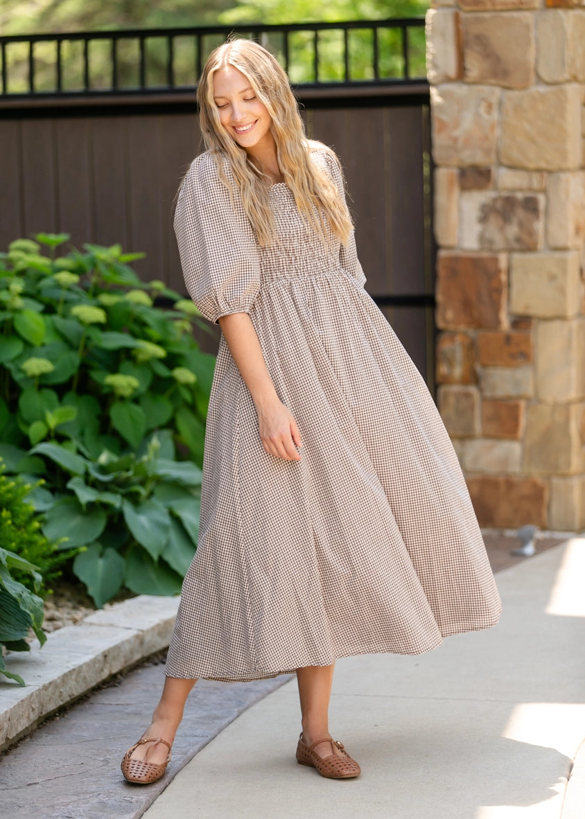 Kayleen modest midi dress in gingham-NEW