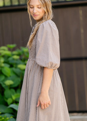 chinese dress ladies Kayleen modest midi dress in gingham – JanieLanie