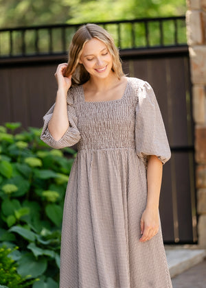gingham midi dress with sleeves Kayleen modest midi dress in gingham – JanieLanie
