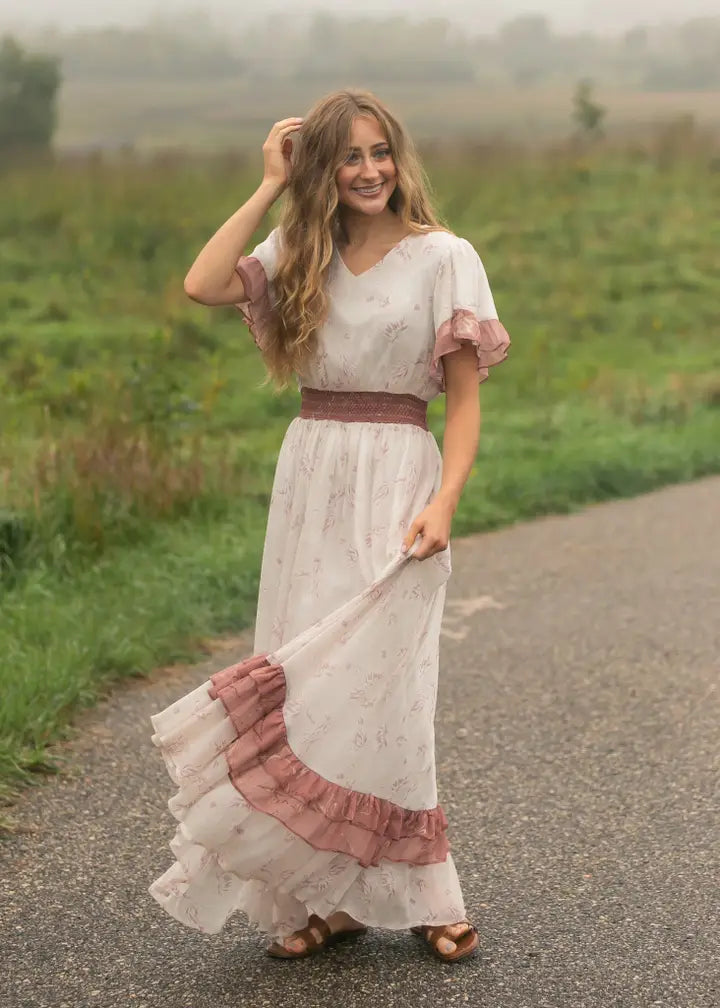 modest spring dress Brandy maxi in blush floral-NEW – JanieLanie comp_apparel-type_dresses Button Up Maxi Dress Ruffle hem Size:XL 45 - 18