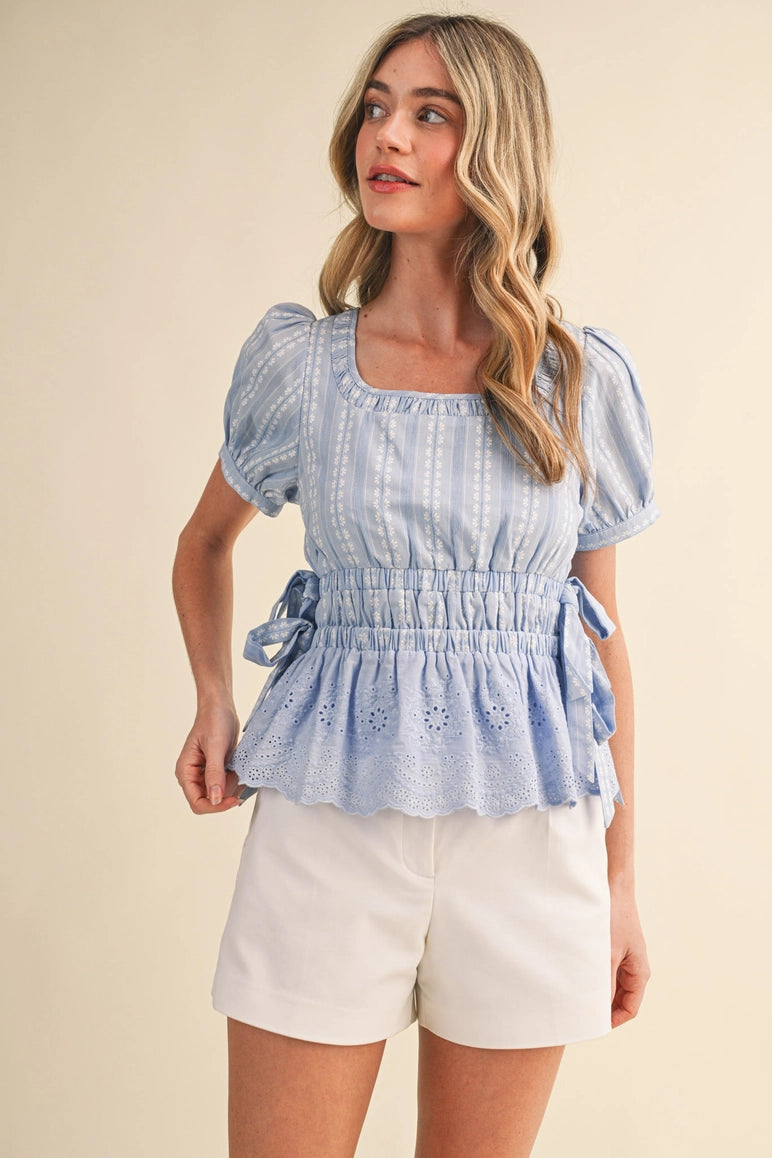 Striped floral peplum top in cornflower-NEW – JanieLanie