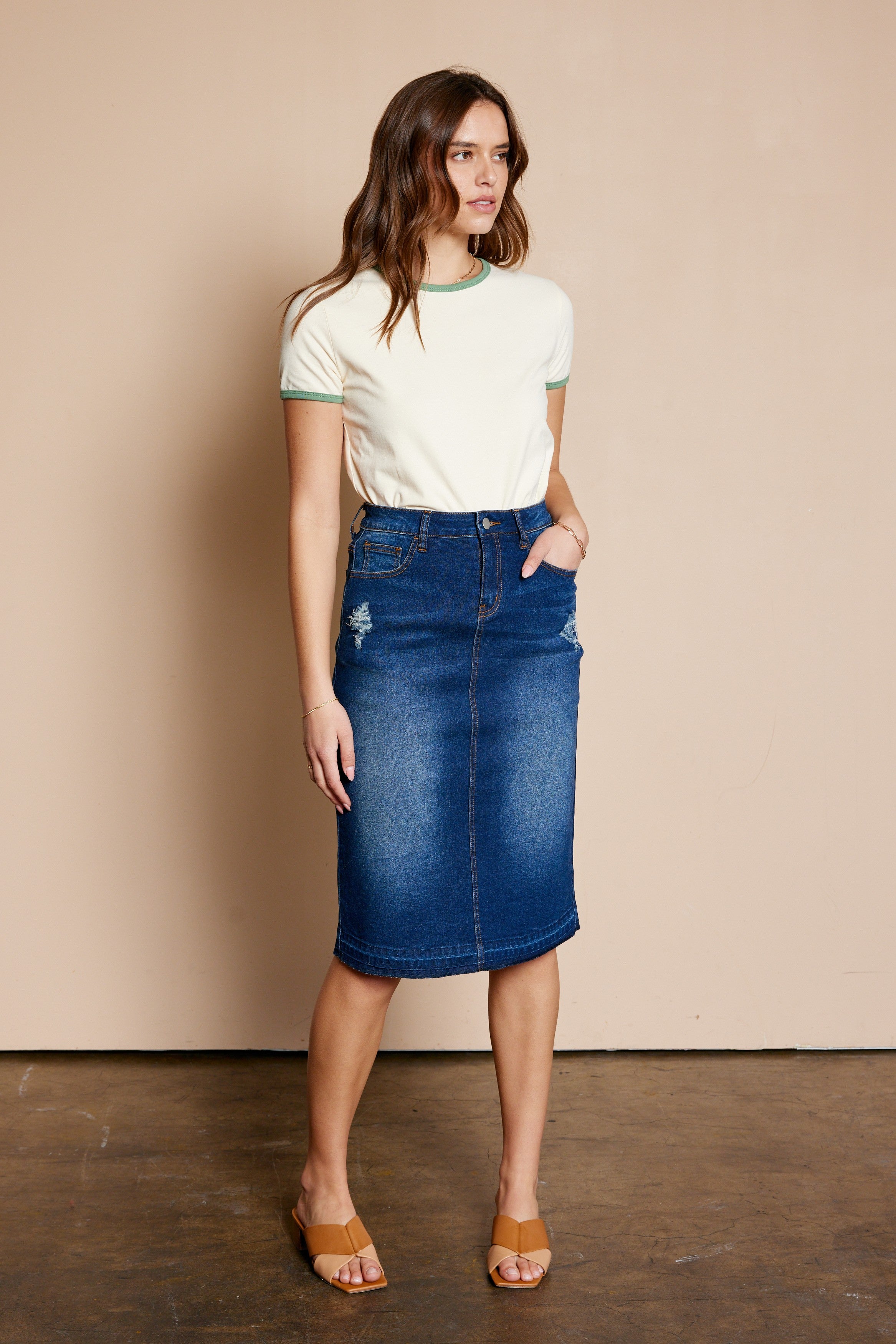 Dark denim distressed midi skirt JanieLanie Dark denim distressed midi skirt JanieLanie