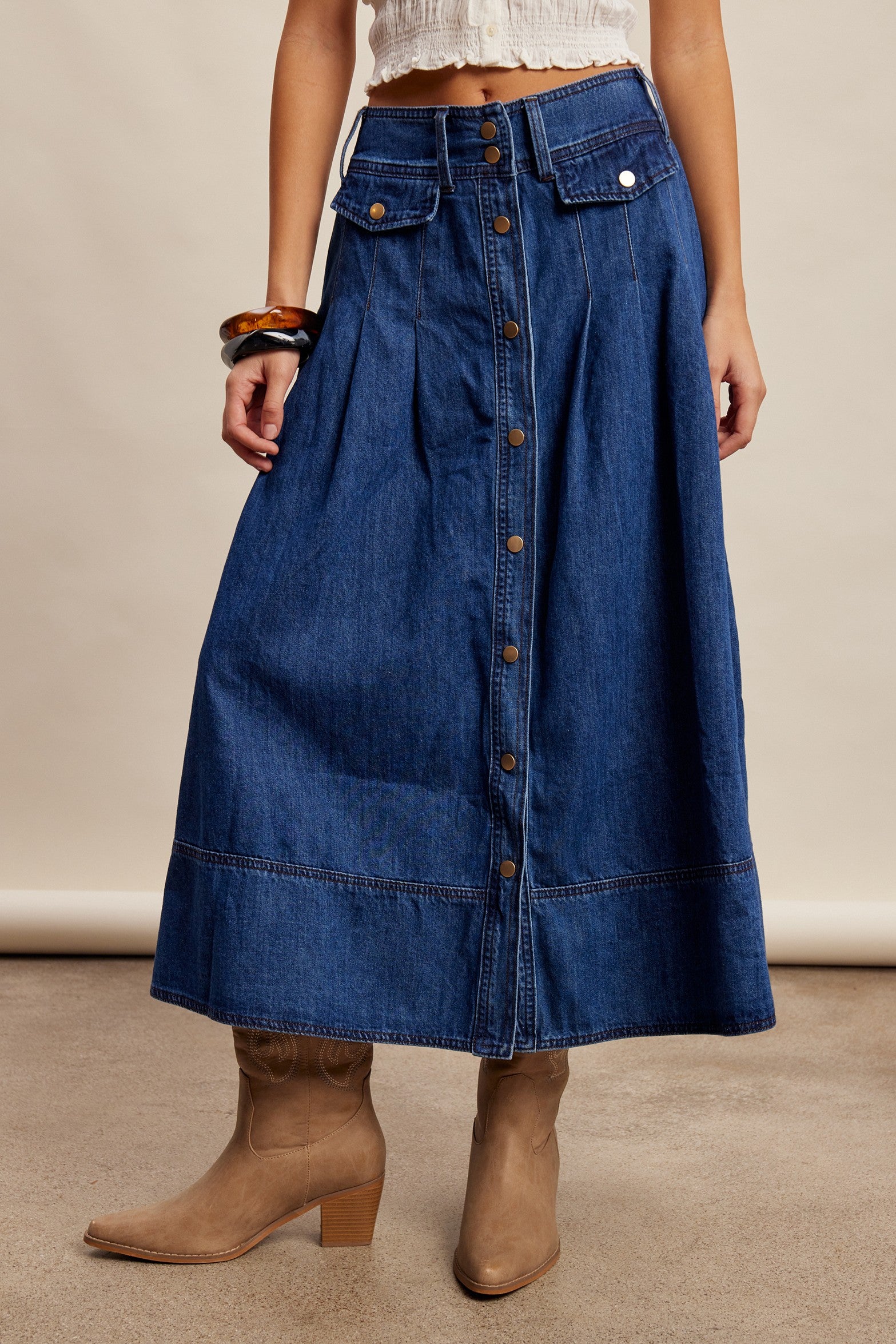 Button front pleated denim maxi skirt-NEW – JanieLanie