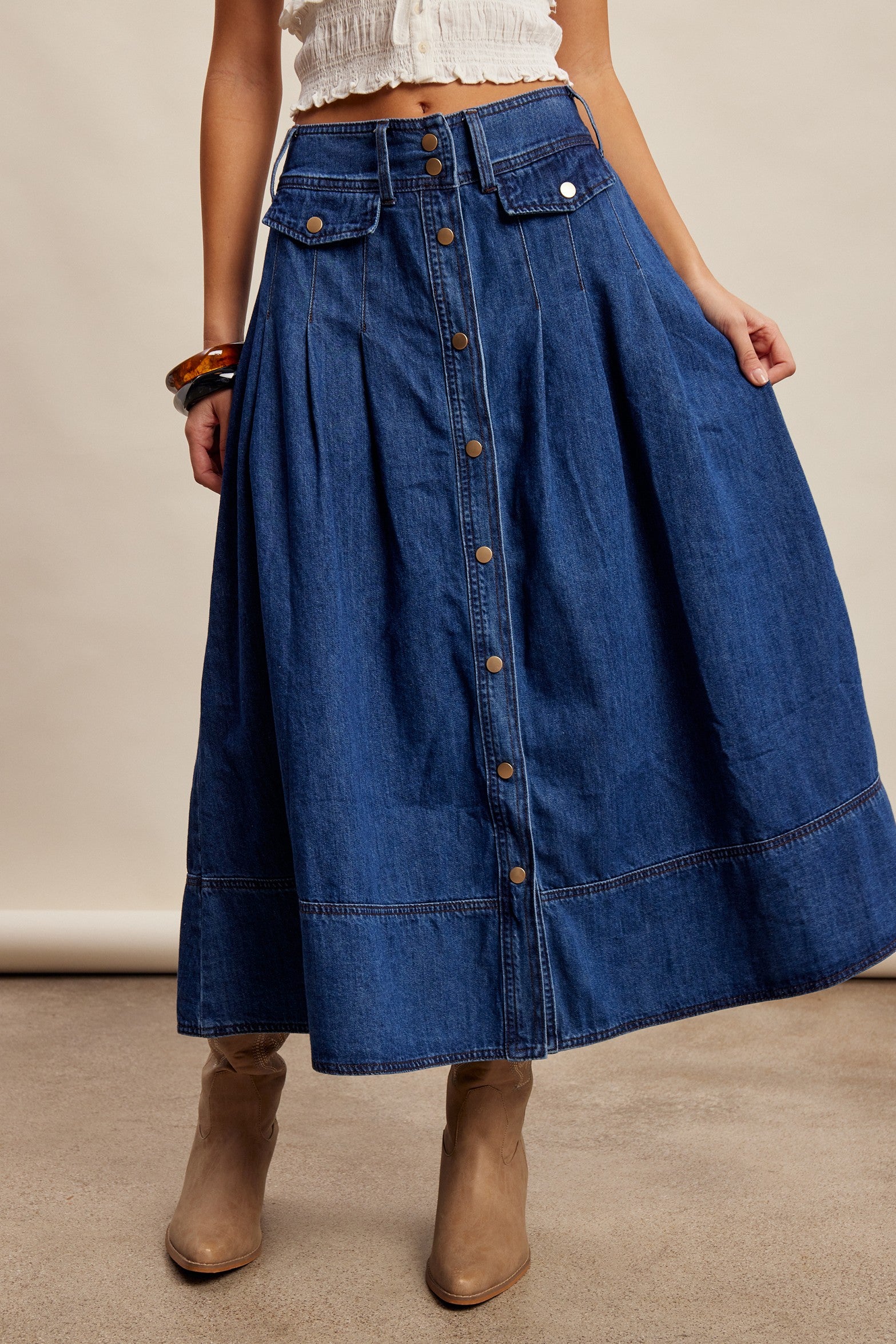 Button front pleated denim maxi skirt-NEW – JanieLanie