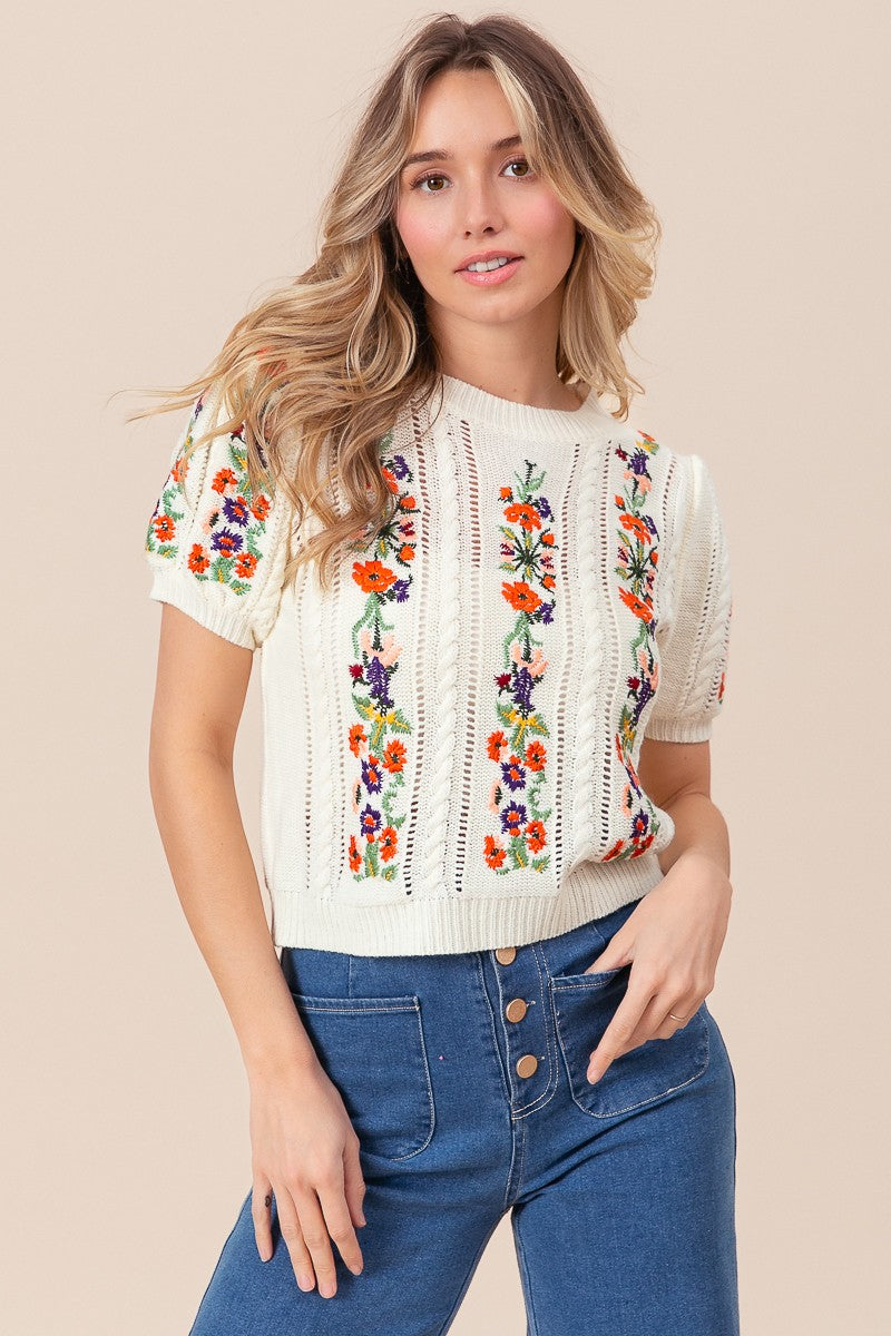 Floral embroidered short sleeve sweater - Main Image