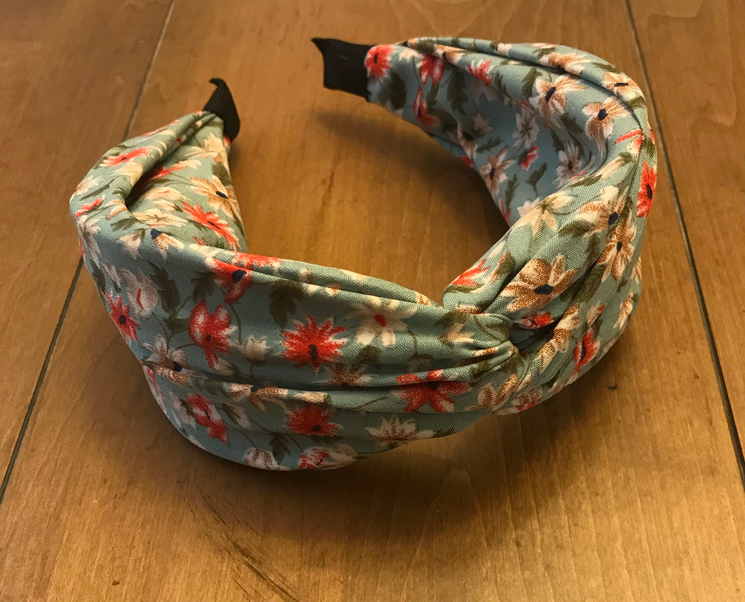 Teal floral knotted fabric headband
